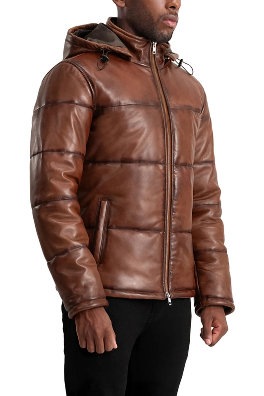 Brown leather jacket with a hood worn by a person 