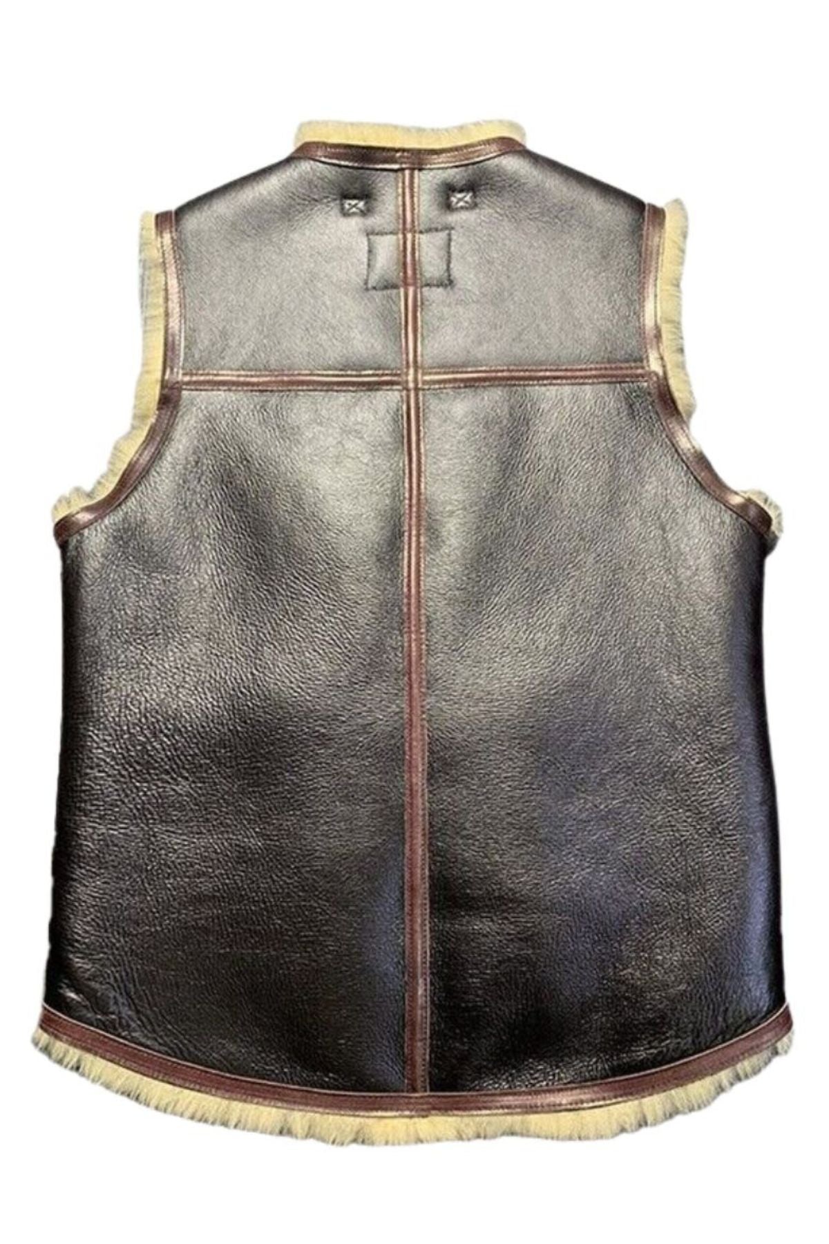 Black leather vest with beige trim on a white background