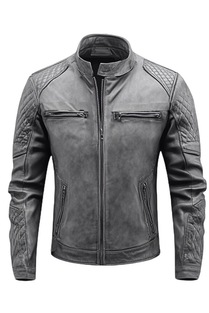 Gray leather jacket with quilted design 
