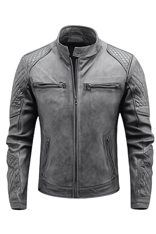 Gray leather jacket with quilted design 