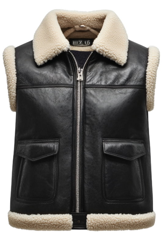Black leather vest with beige shearling collar and lining 