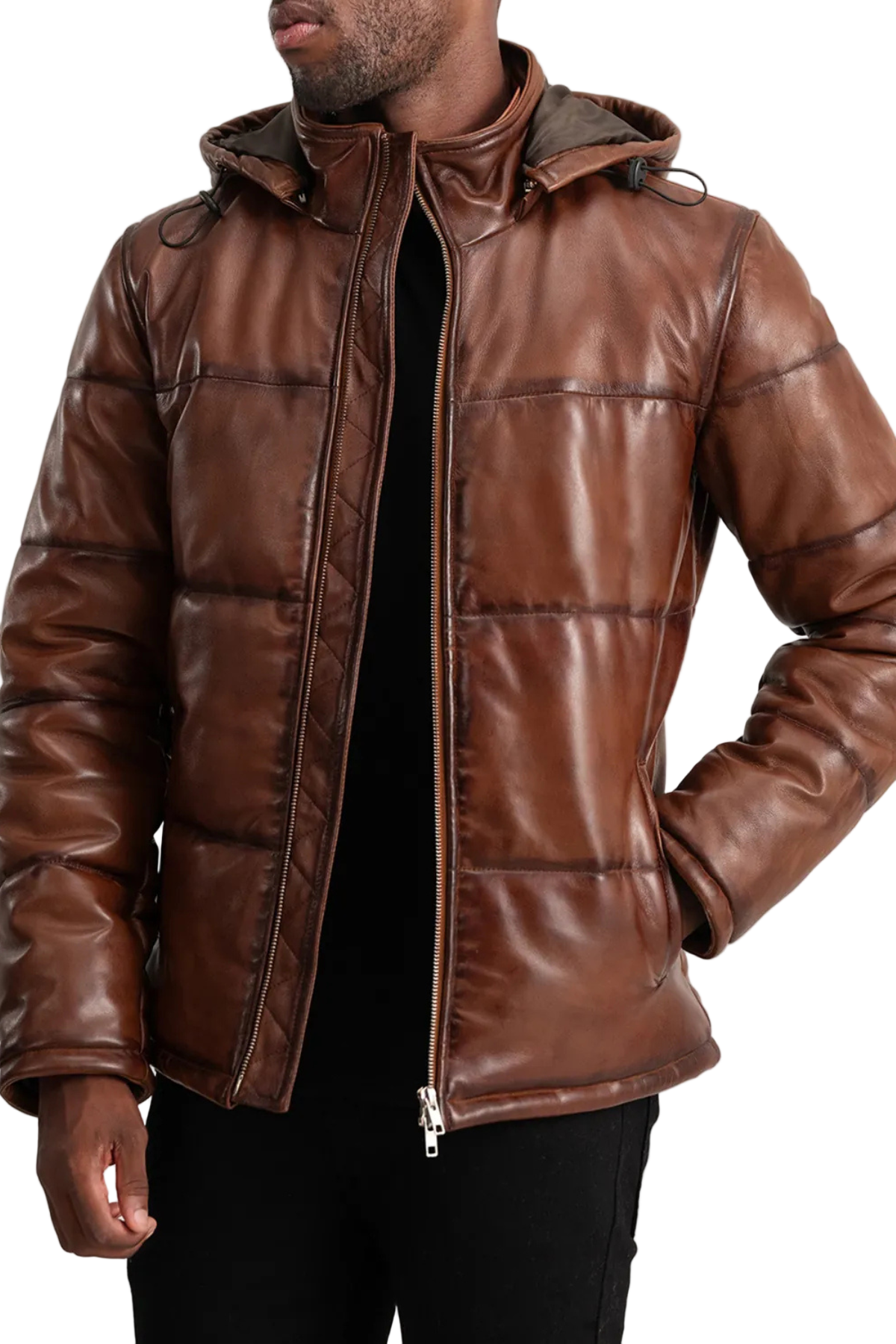 Brown leather jacket with a hood 