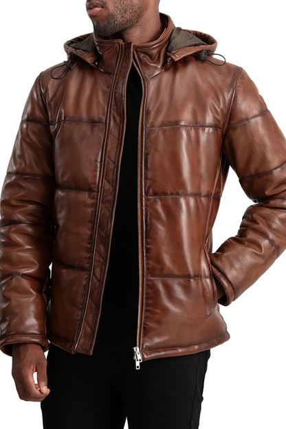 Brown leather jacket with a hood 