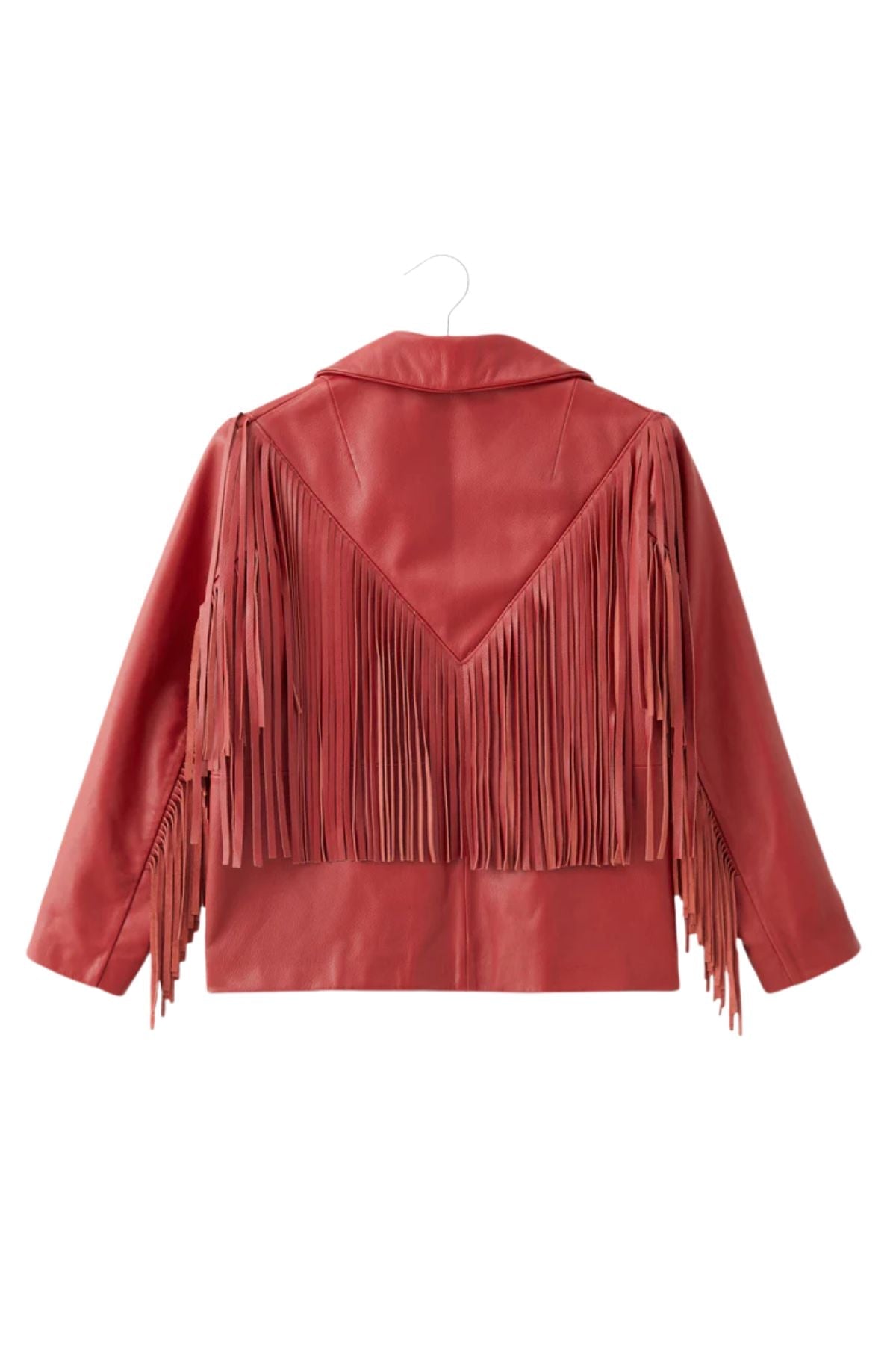 Red leather jacket with fringe details 