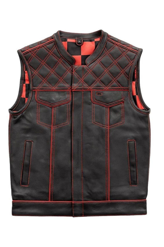 Black leather vest with red stitching on a white background
