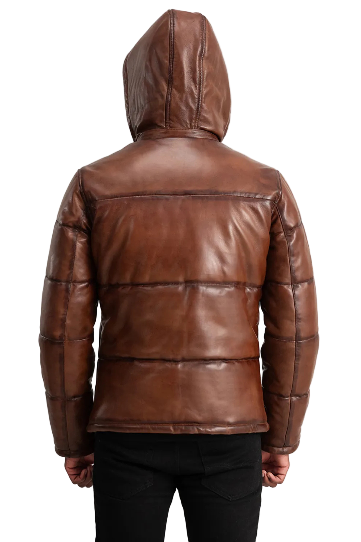 Brown leather jacket with a hood 
