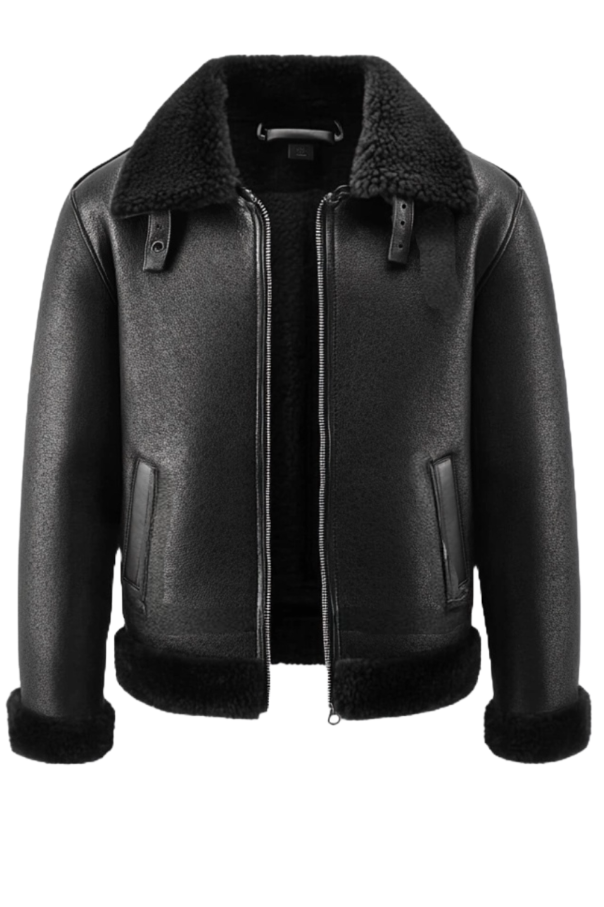 Black leather jacket with fur collar and cuffs 