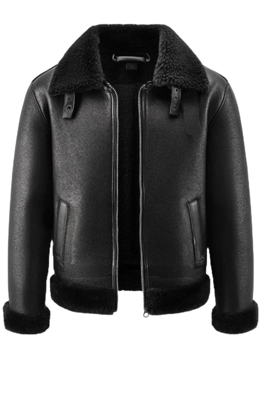 Black leather jacket with fur collar and cuffs 