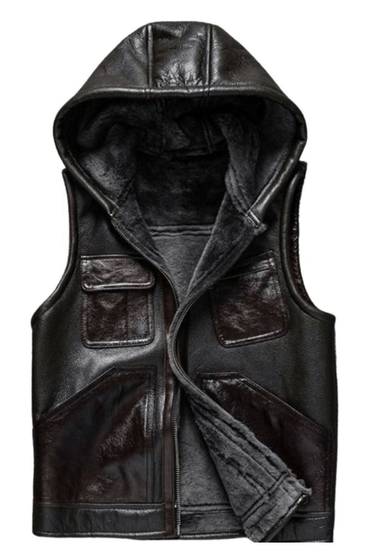 Black leather vest with a hood on a white background