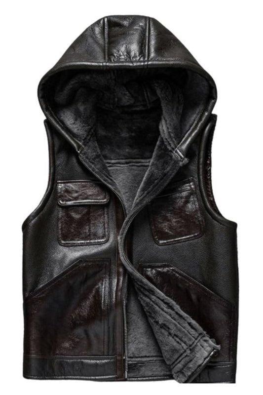 Black leather vest with a hood on a white background