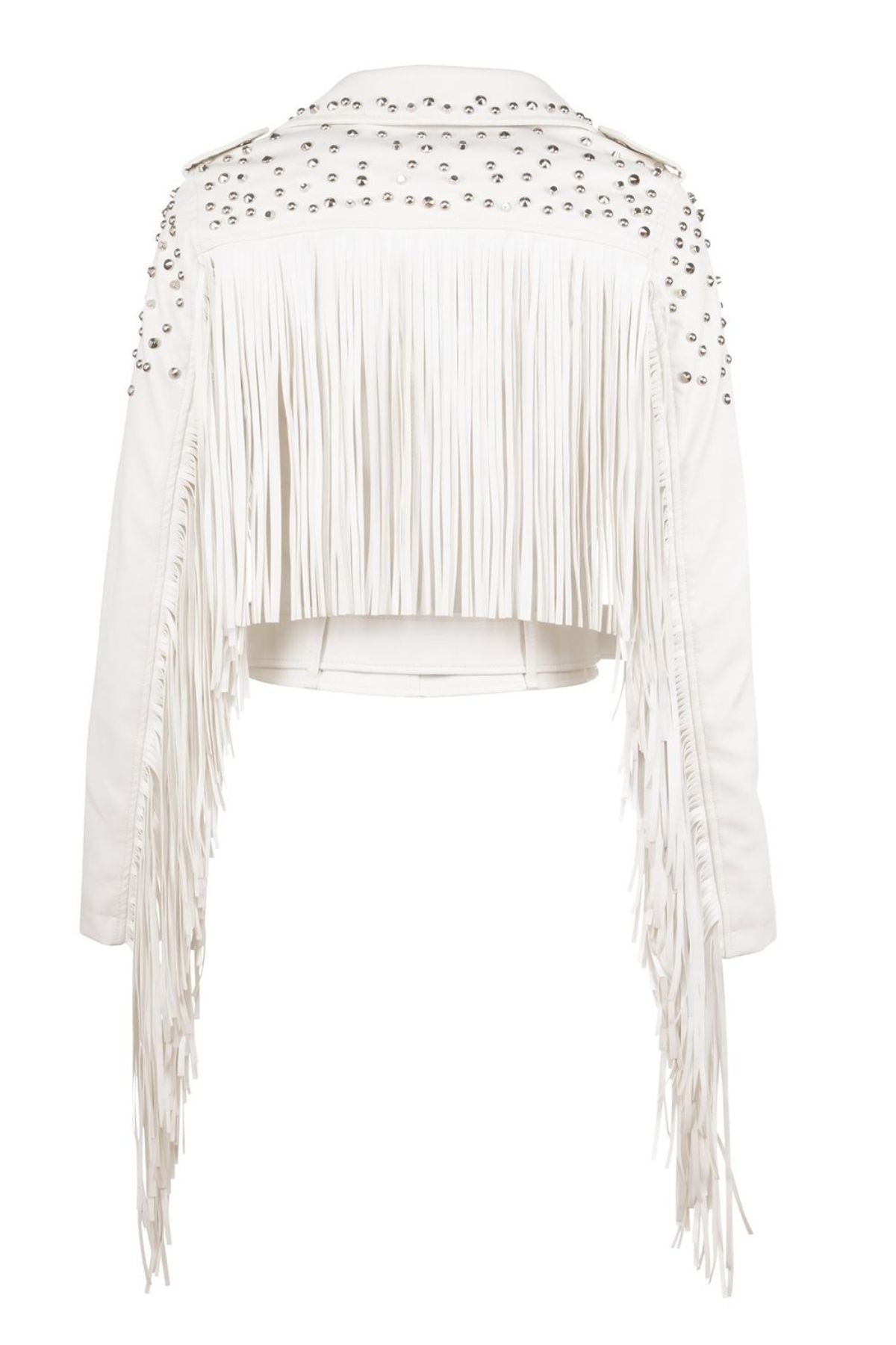 White fringe garment with embellishments 