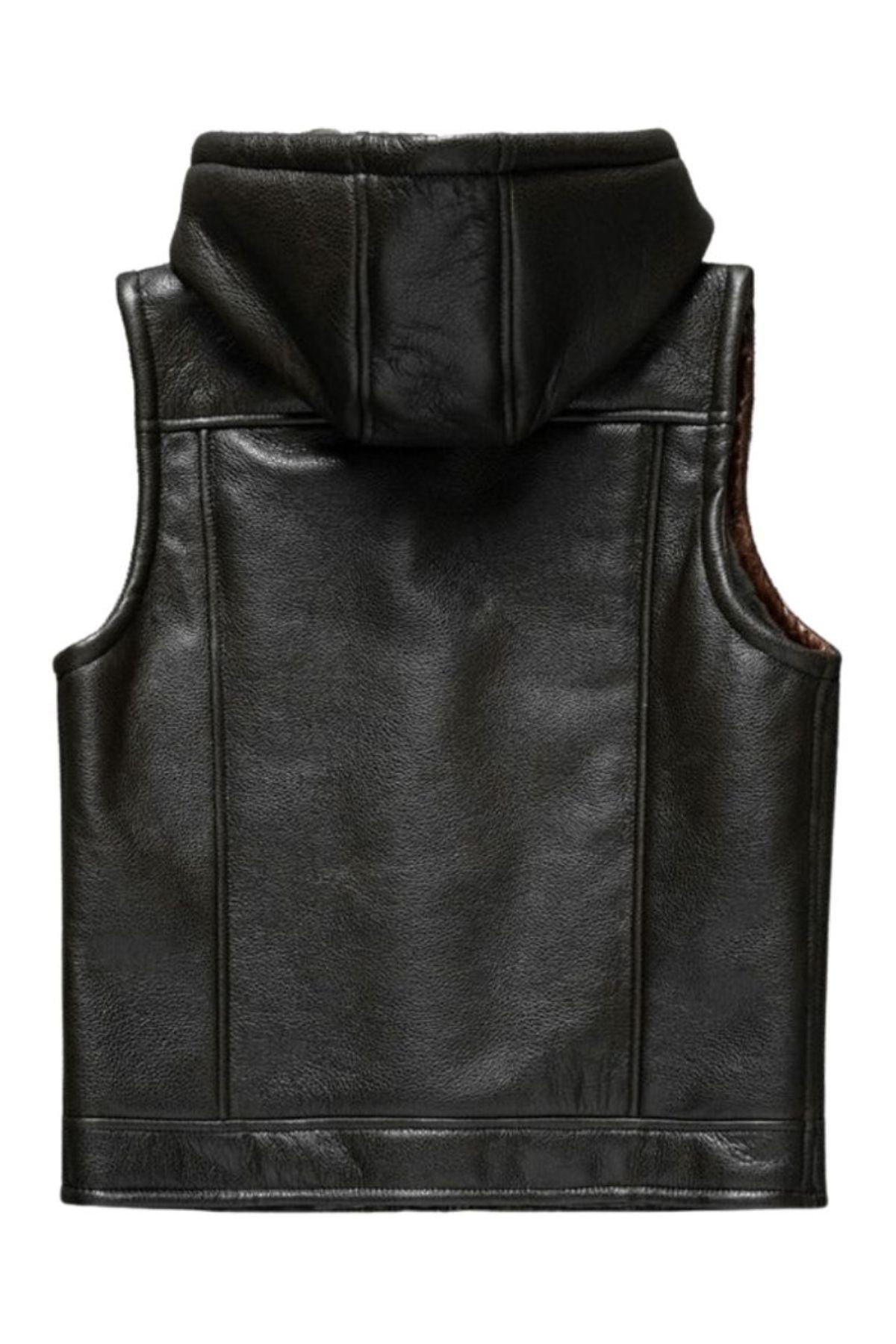 Black leather vest with a hood on a white background