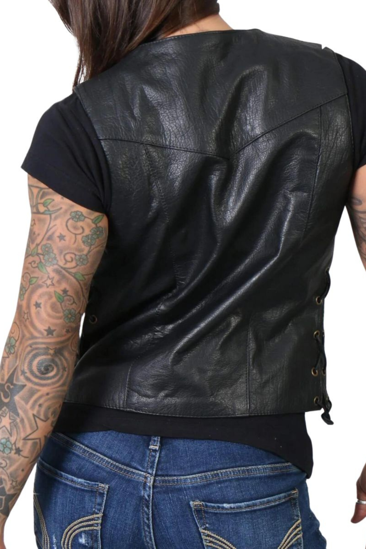Women's Black Leather Vest with Side Lacing and Snap Buttons