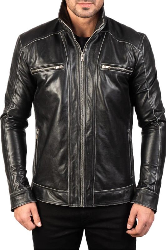 Black leather jacket with silver zippers 