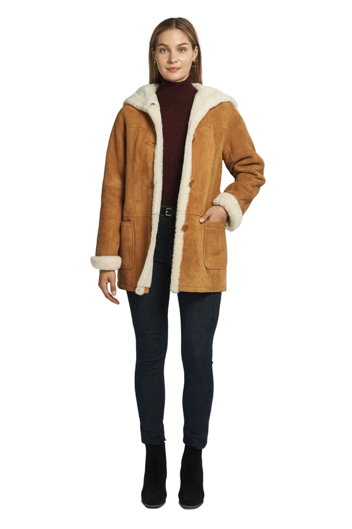 Women’s Shearling Hooded Suede Coat – Camel Brown Winter Jacket with Faux Fur 