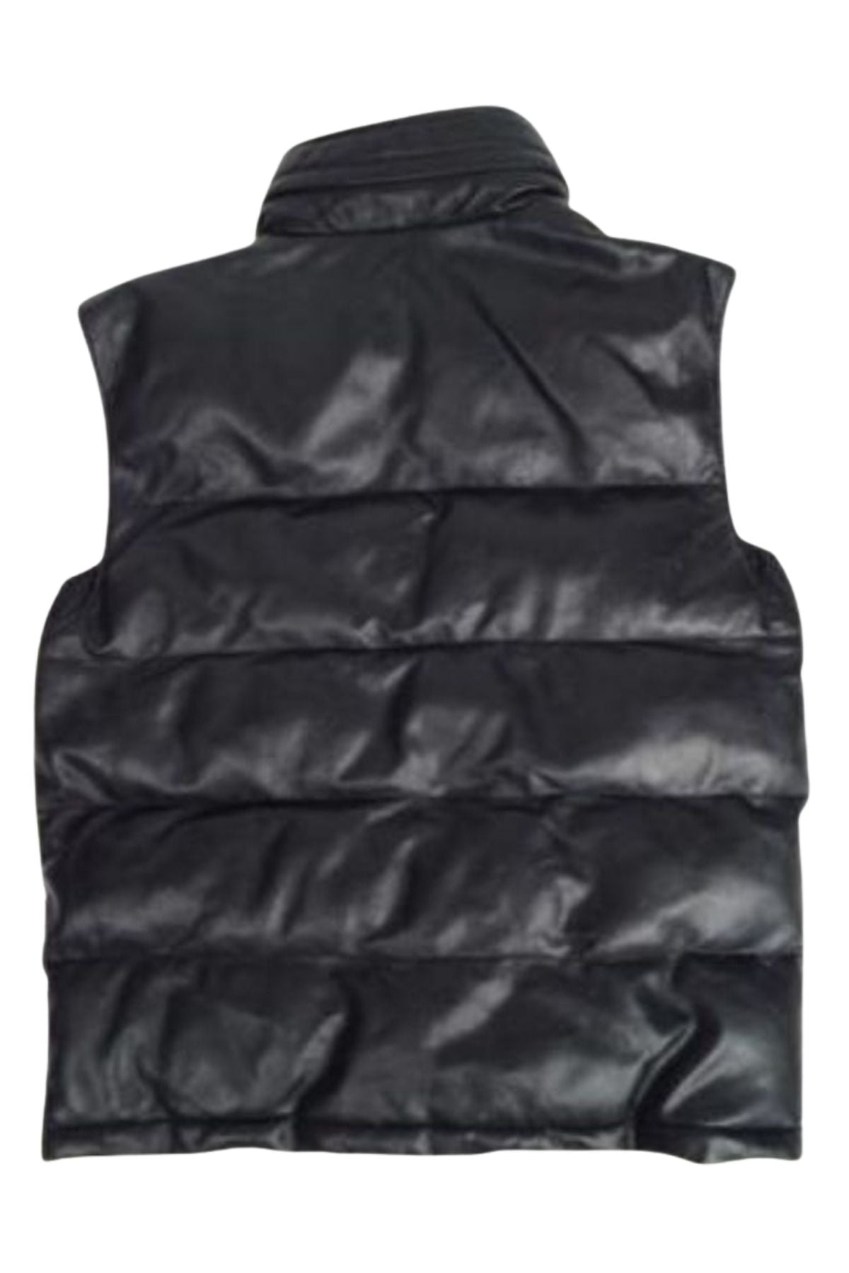 Black puffer vest on a white background