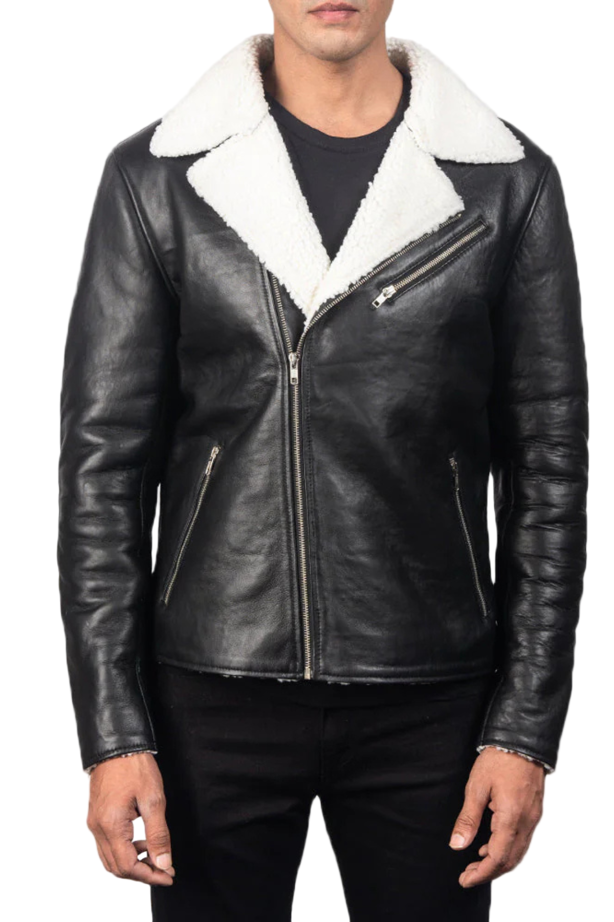 Black leather jacket with white fur collar 