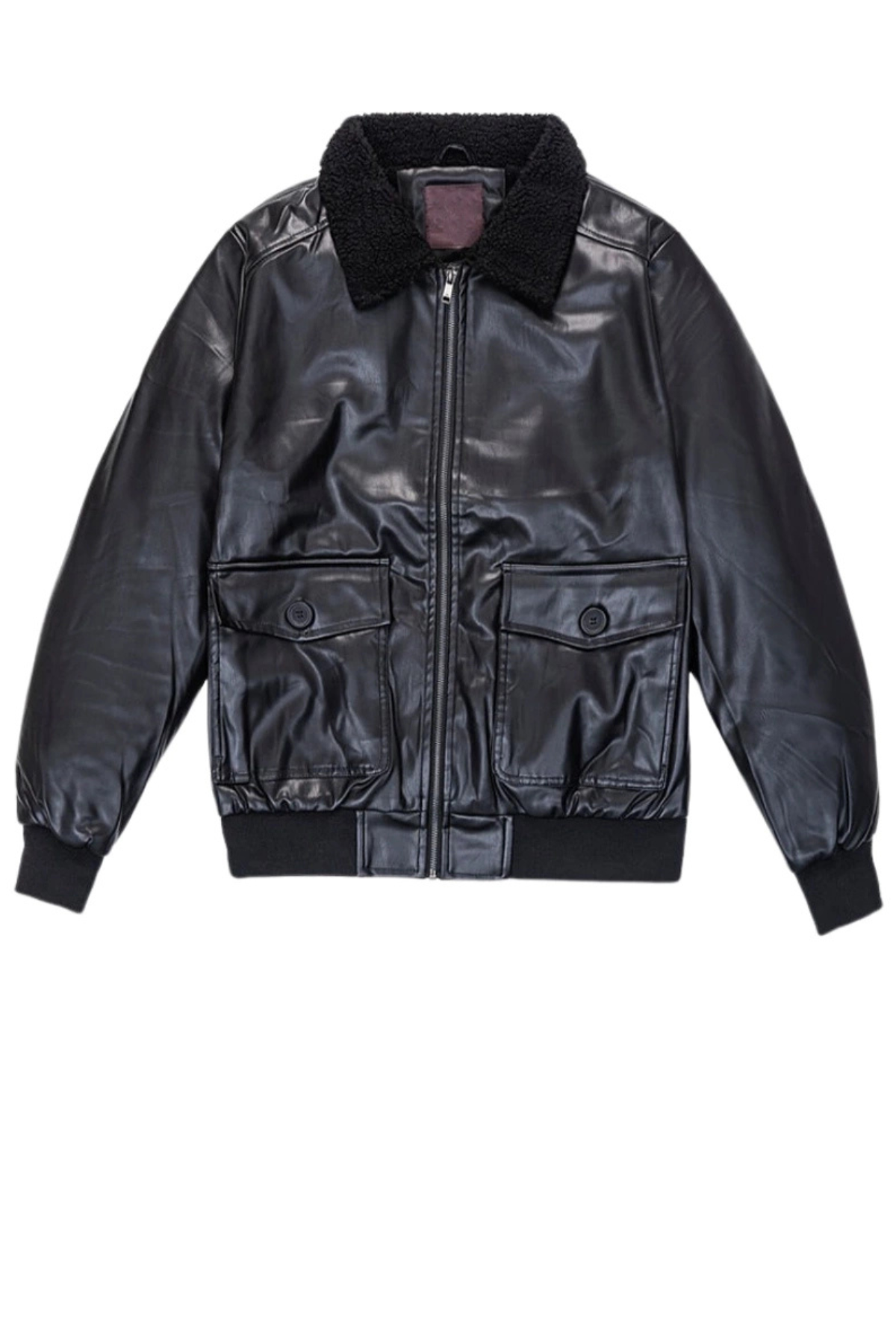Black leather jacket with black fur collar 