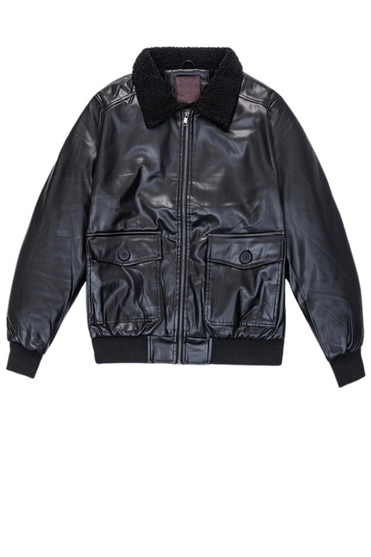 Black leather jacket with black fur collar 