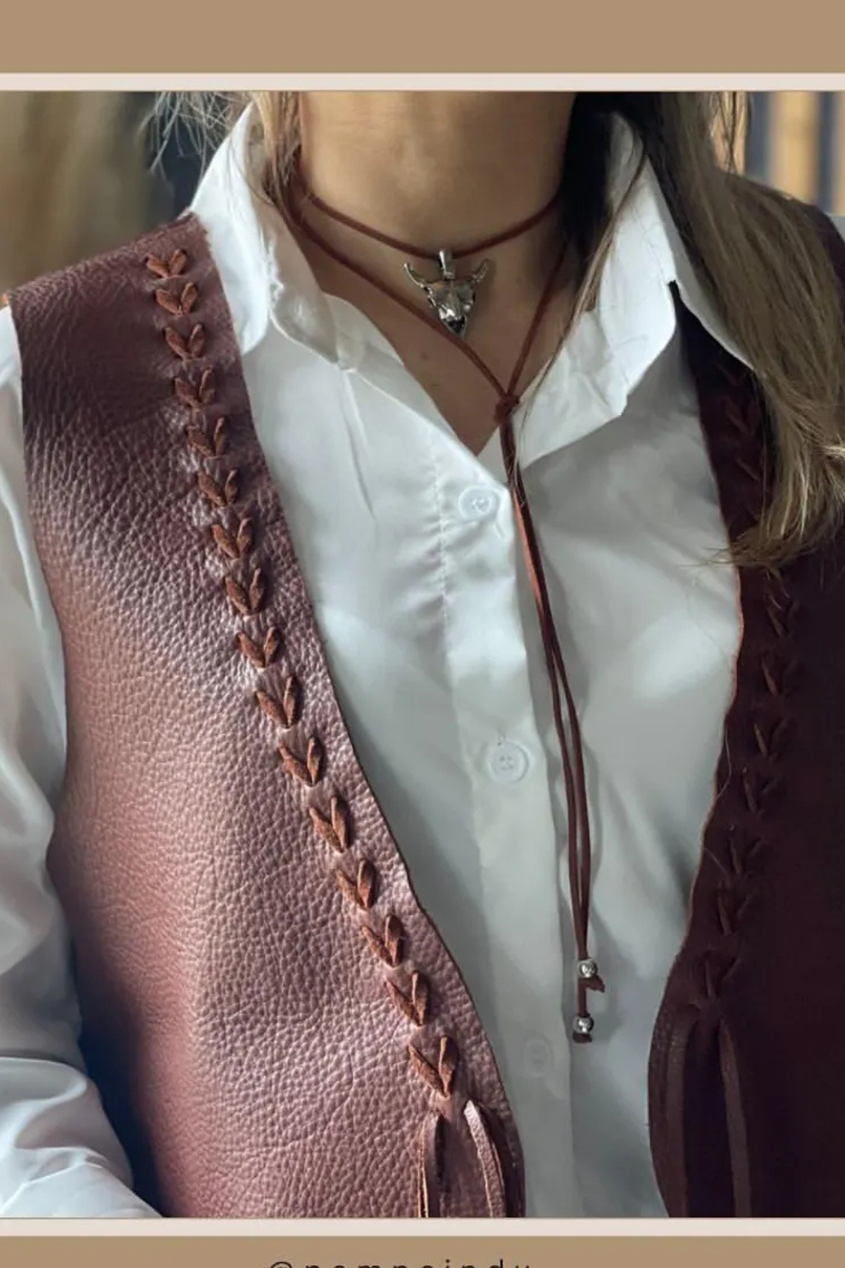 Women's Boho Style Brown Leather Vest with Braided Detail