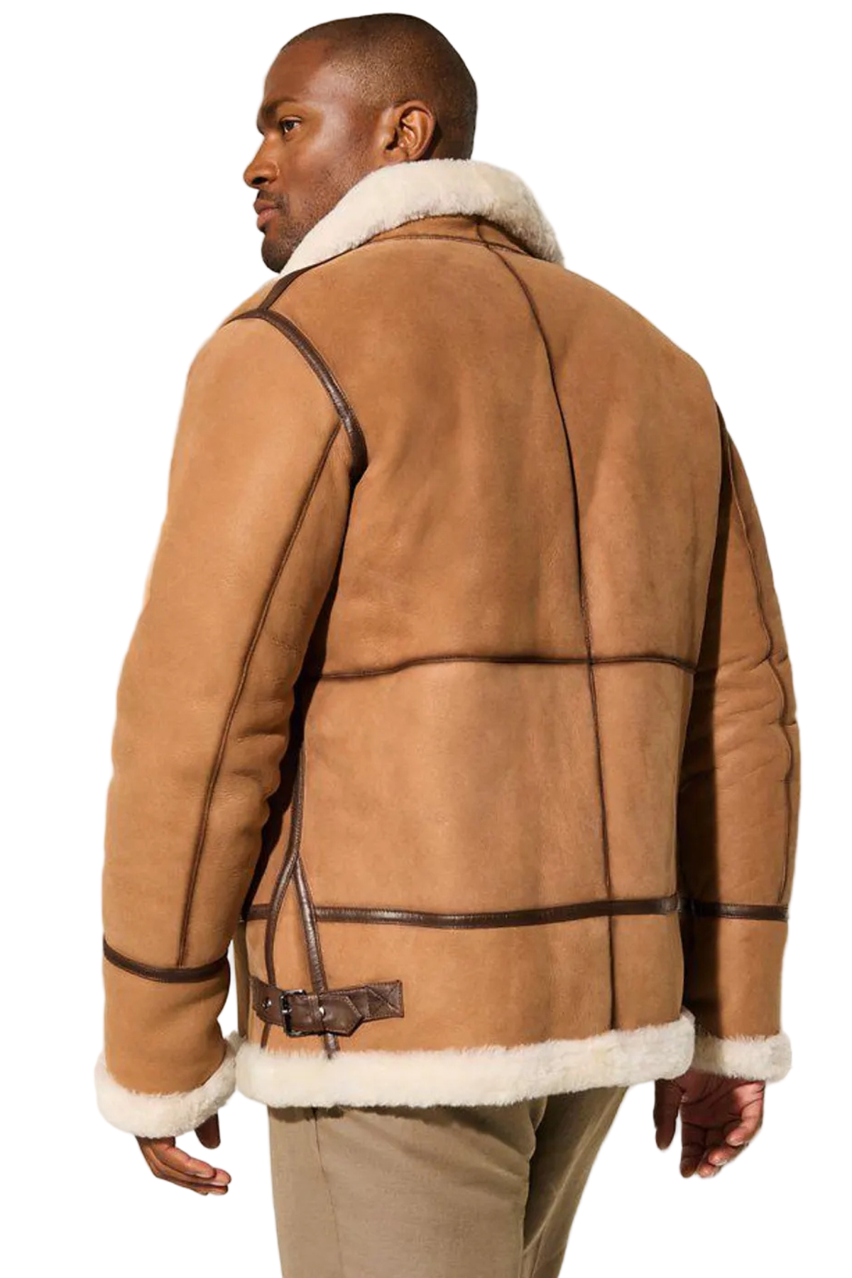  brown shearling jacket with white fur lining 