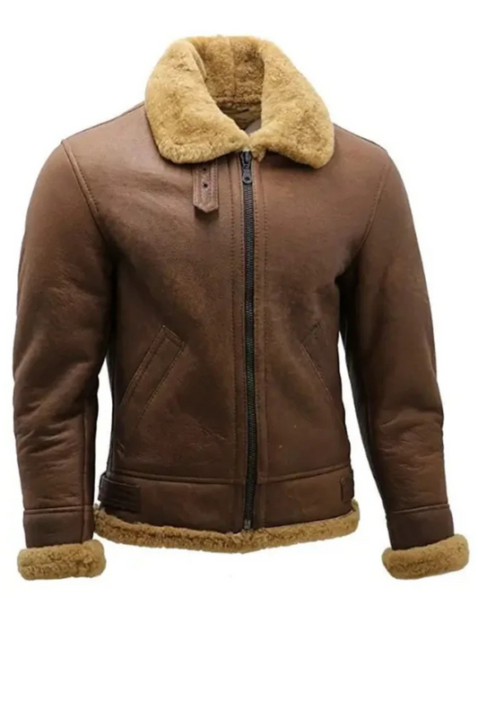 Brown leather jacket with fur collar and cuffs 