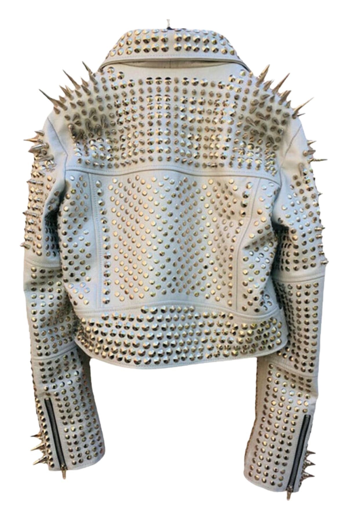 Women’s White Studded & Spiked Leather Biker Jacket – Punk Rock Motorcycle Style