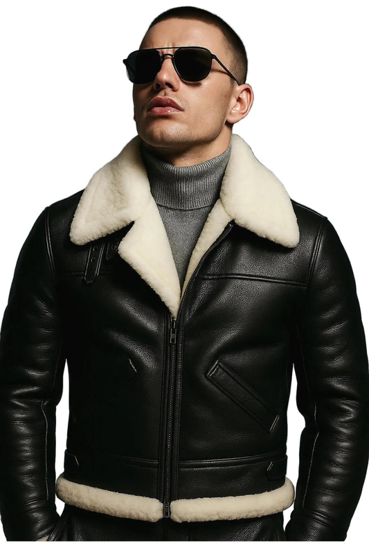  black leather jacket with white fur collar 