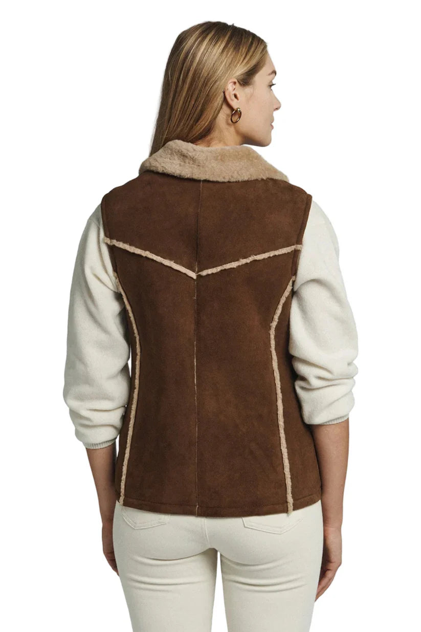 Women's Shearling Lined Brown Suede Vest with Collar fur