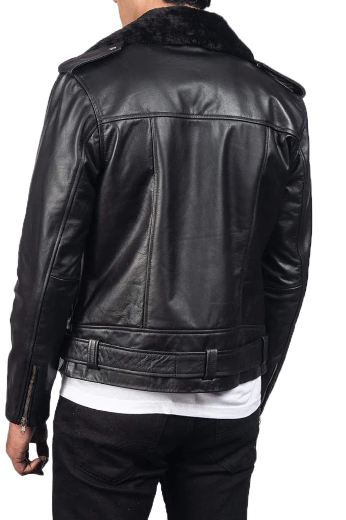 Black leather jacket with fur collar 
