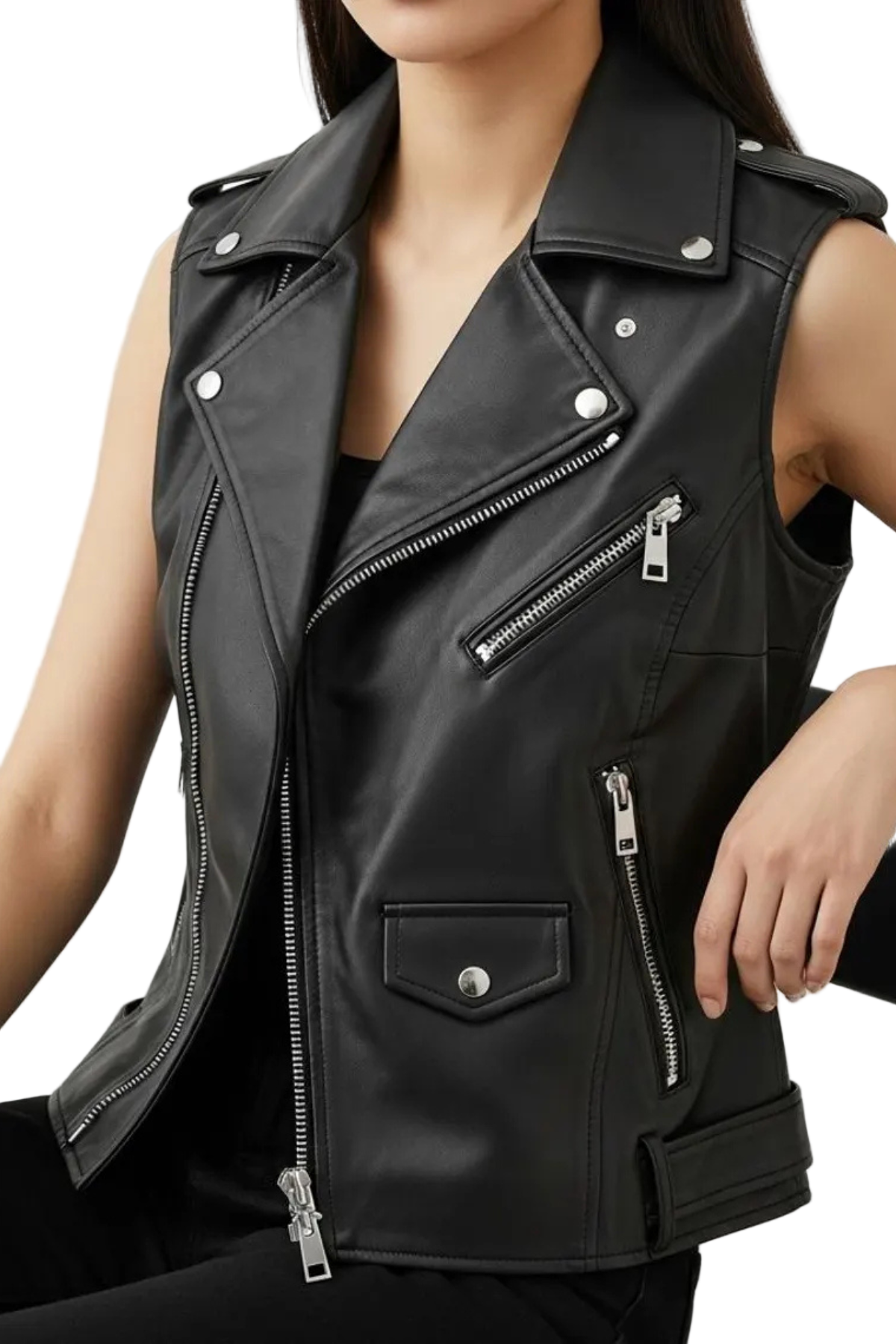 Women's Asymmetrical Black Leather Biker Vest - Premium Cowhide