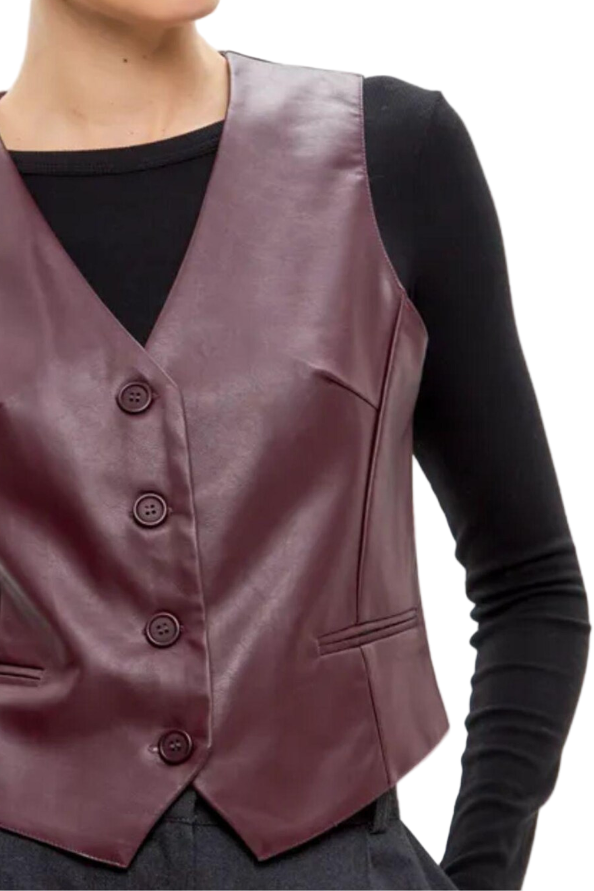 Chic Faux Leather Vest for Women - V-Neck Button-Up Style