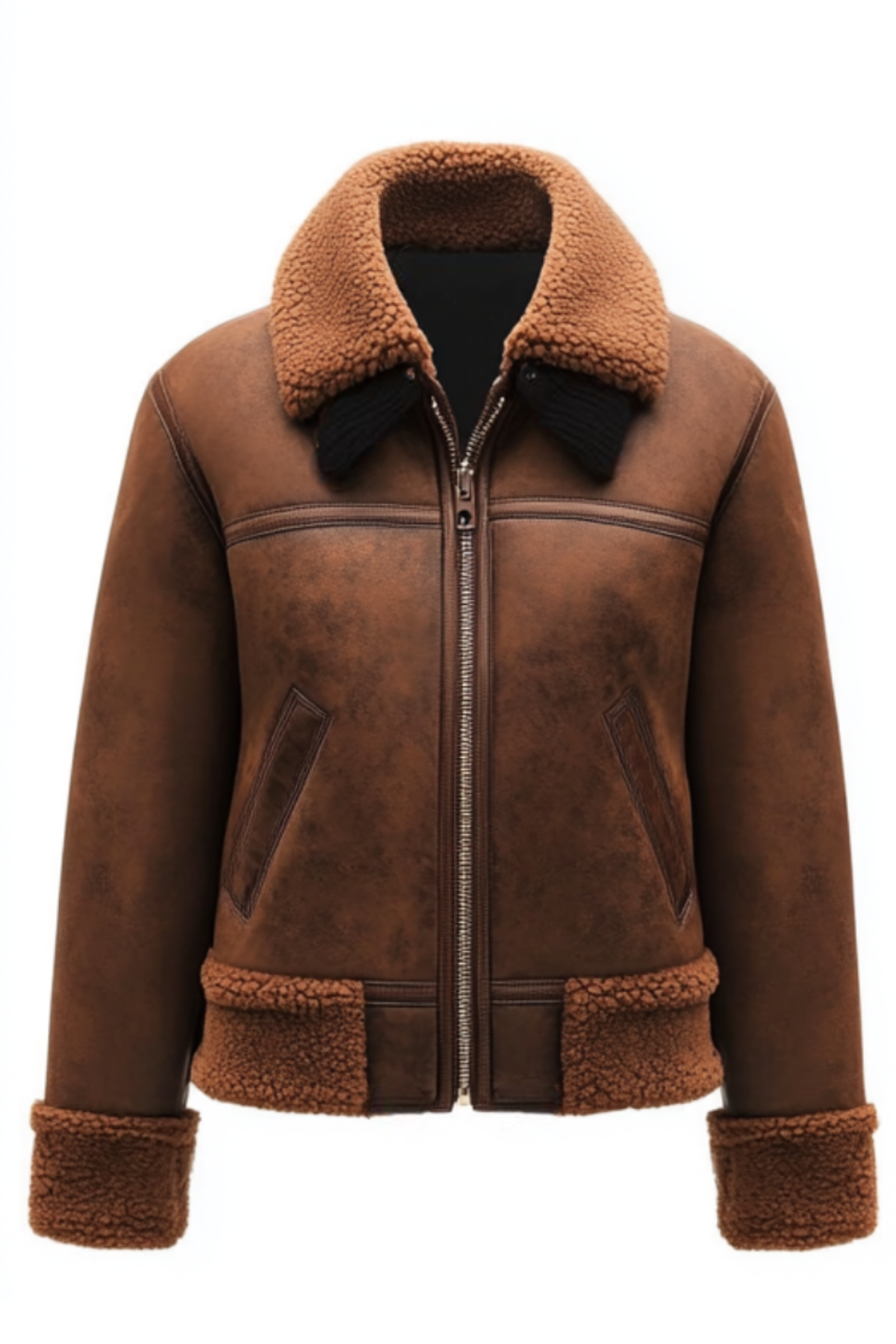Brown leather jacket with fur collar and cuffs 