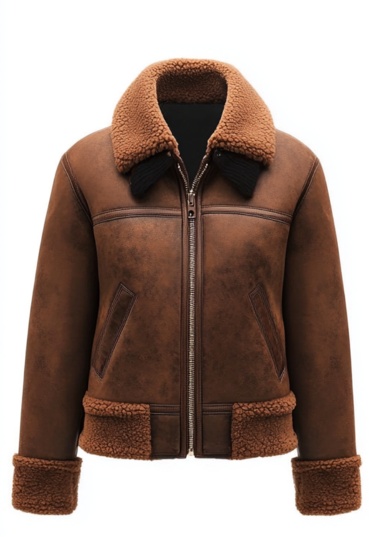 Brown leather jacket with fur collar and cuffs 