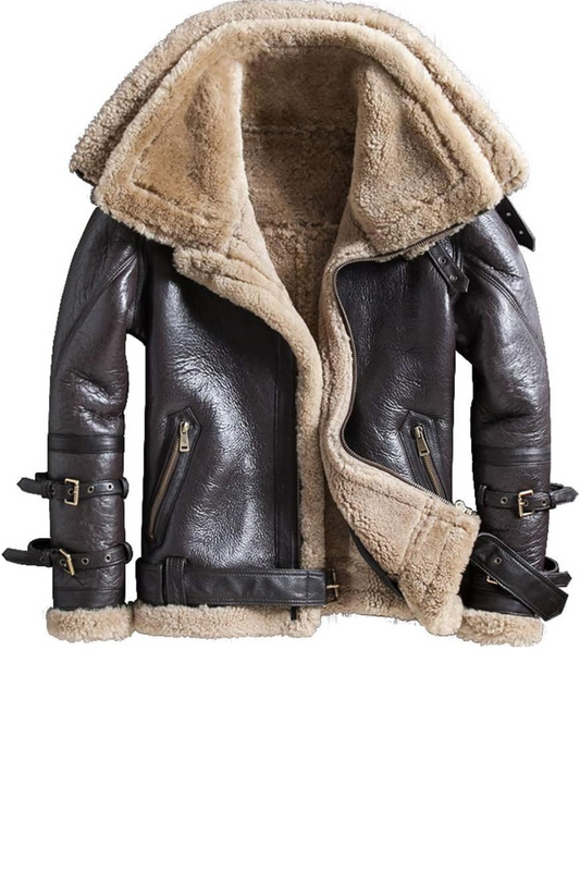 Black leather jacket with beige fur lining 