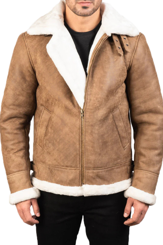 Brown shearling jacket with white fur lining 