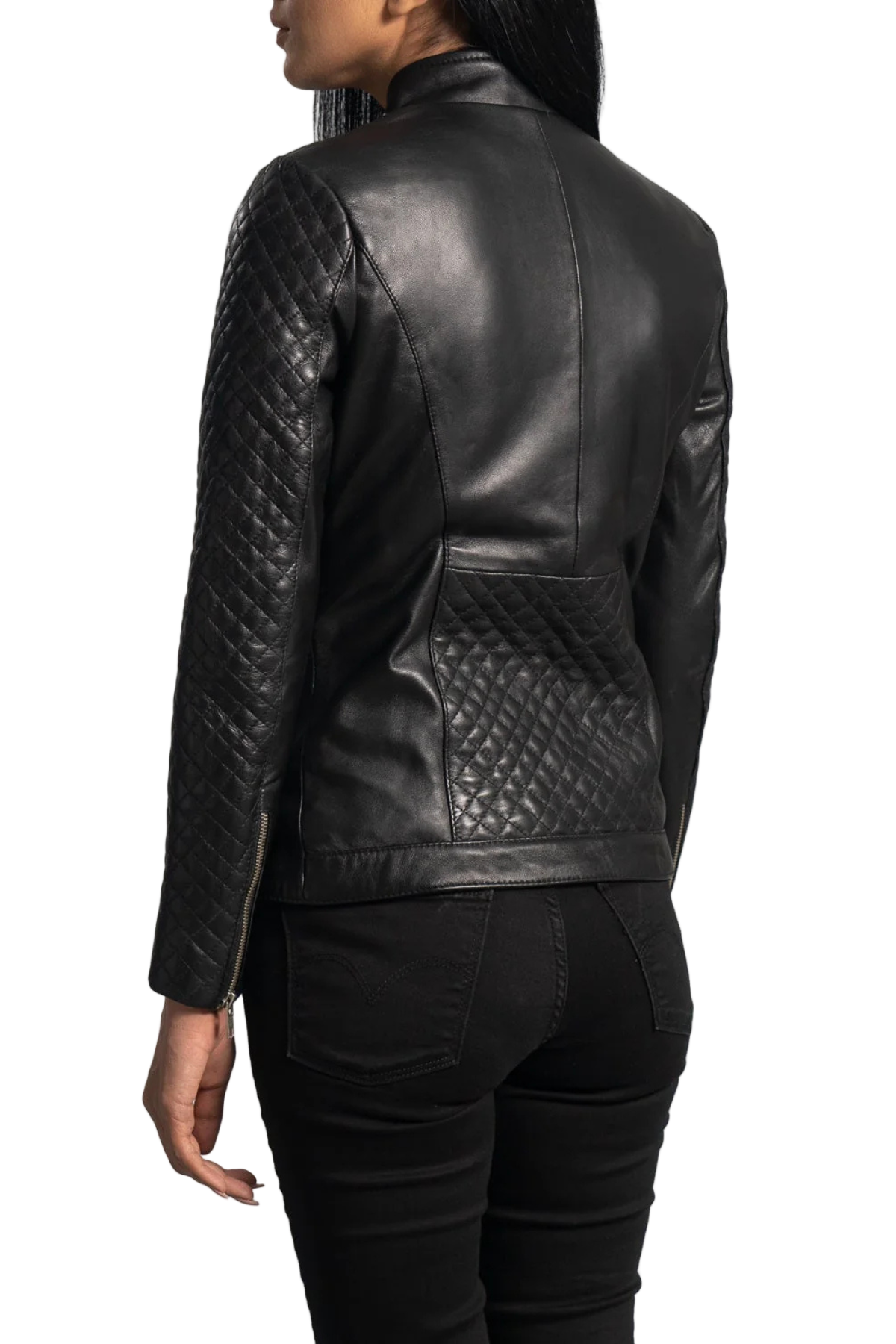 Black leather jacket with quilted sleeves 