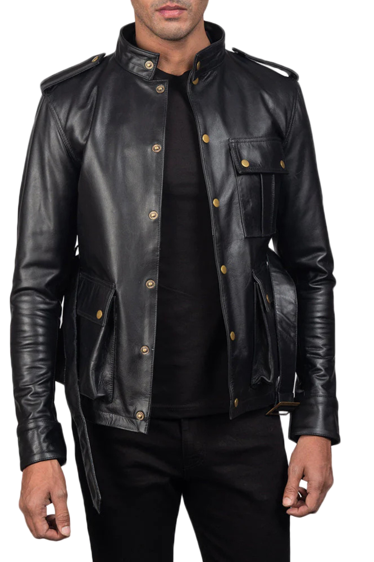 Black leather jacket with gold buttons worn by a person 