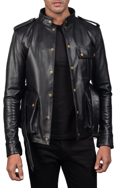 Black leather jacket with gold buttons worn by a person 