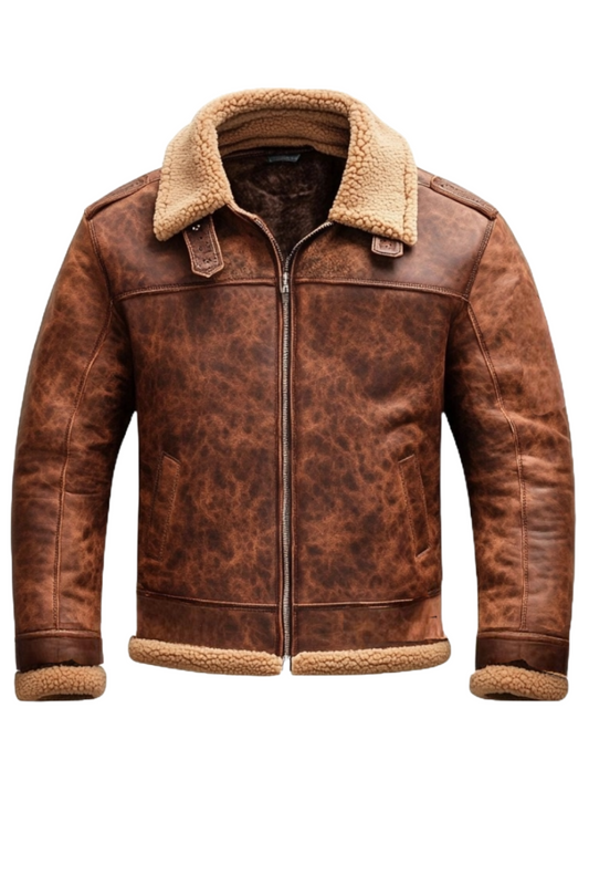 Brown leather jacket with shearling collar and cuffs 