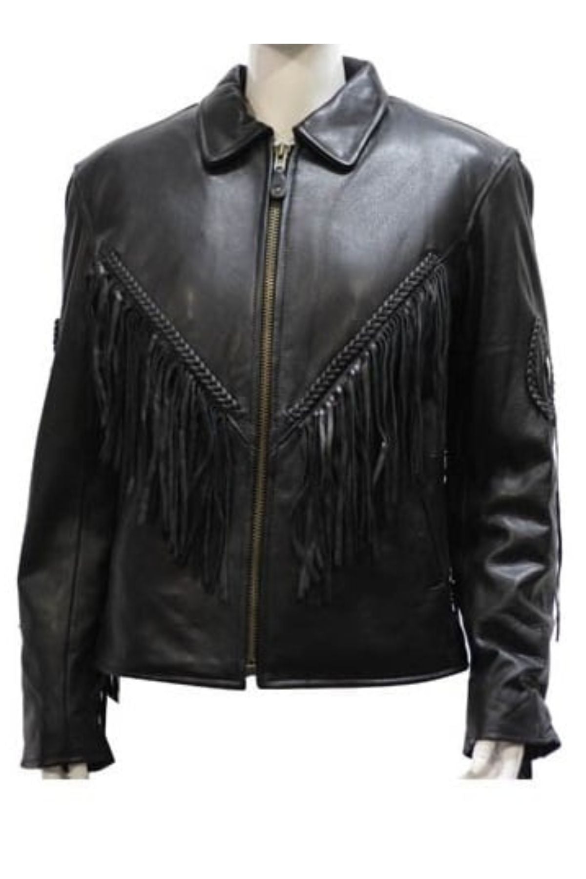 Black leather jacket with fringe details on a mannequin against 