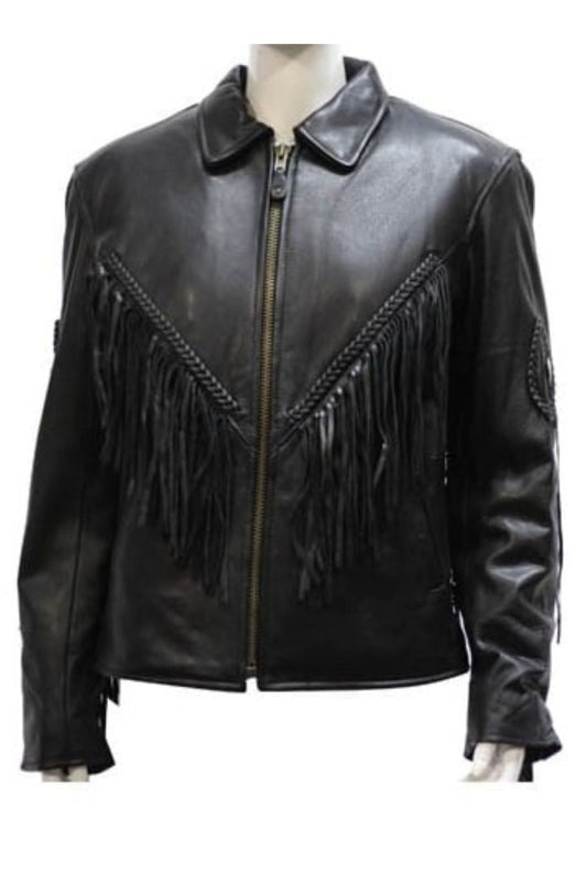 Black leather jacket with fringe details on a mannequin against 