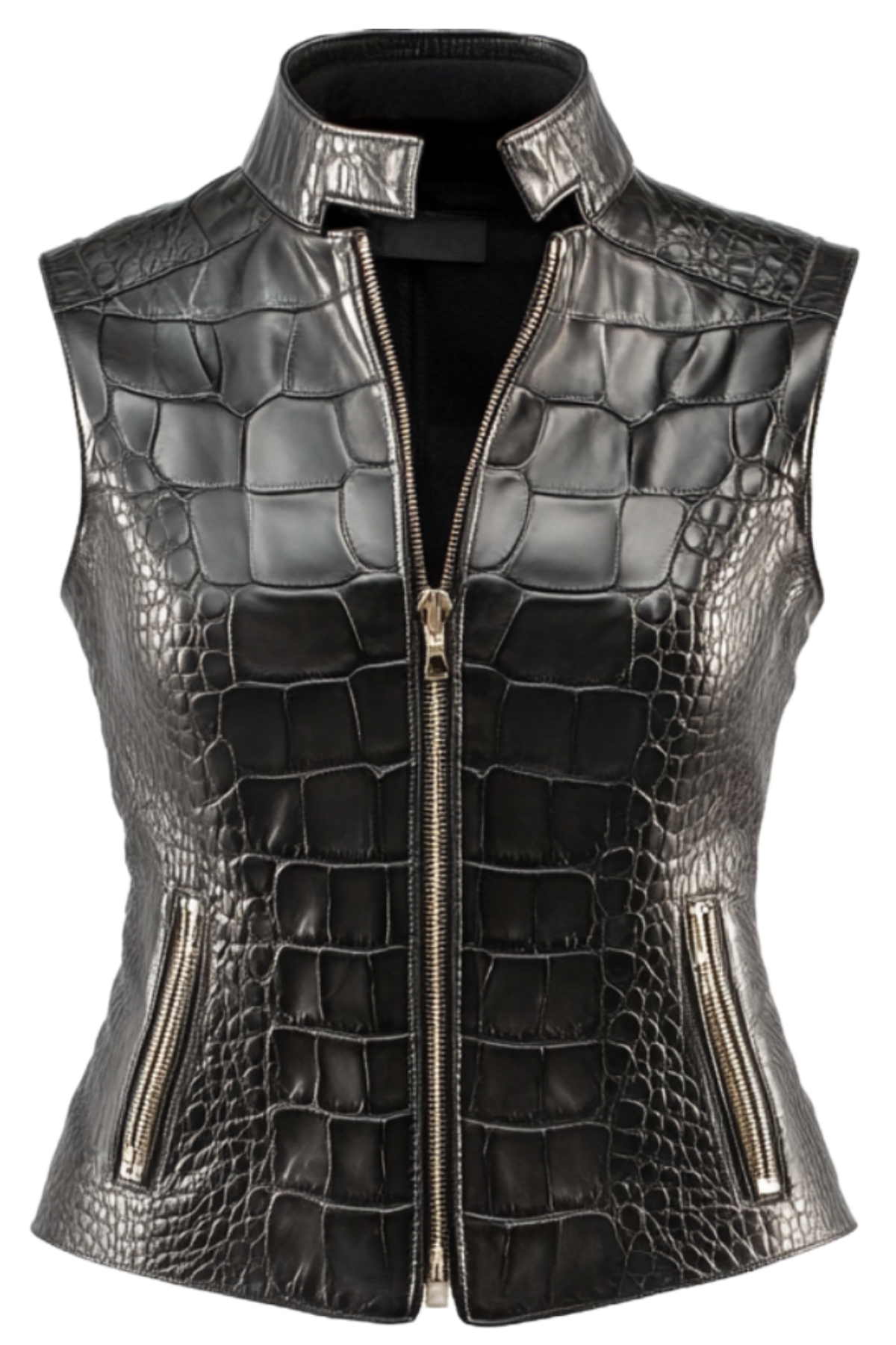 Black leather vest with crocodile texture and gold zipper