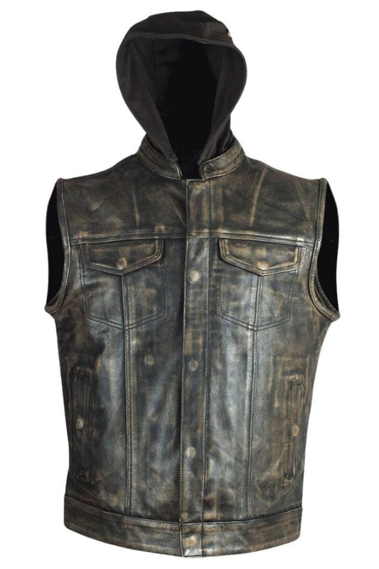Distressed black leather vest with a hood on a white background