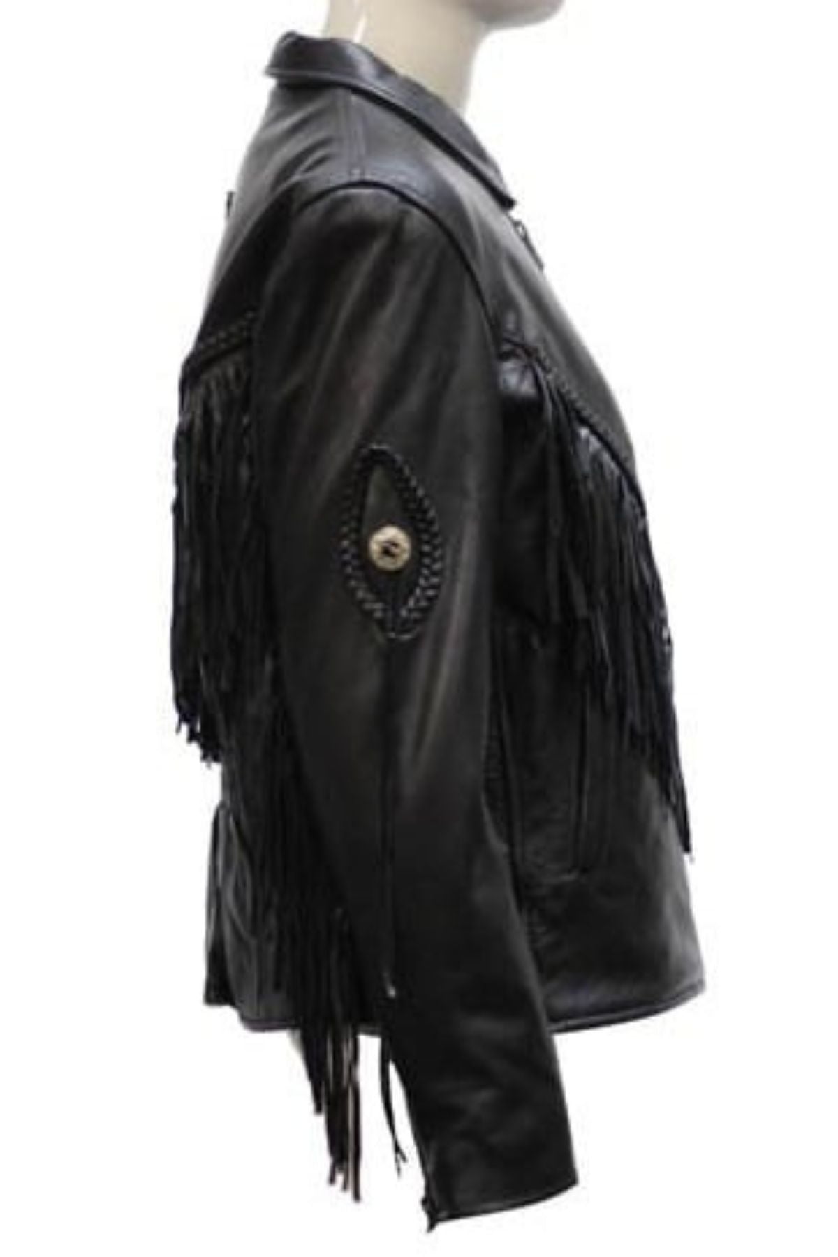 Black leather jacket with fringe details on a mannequin against 