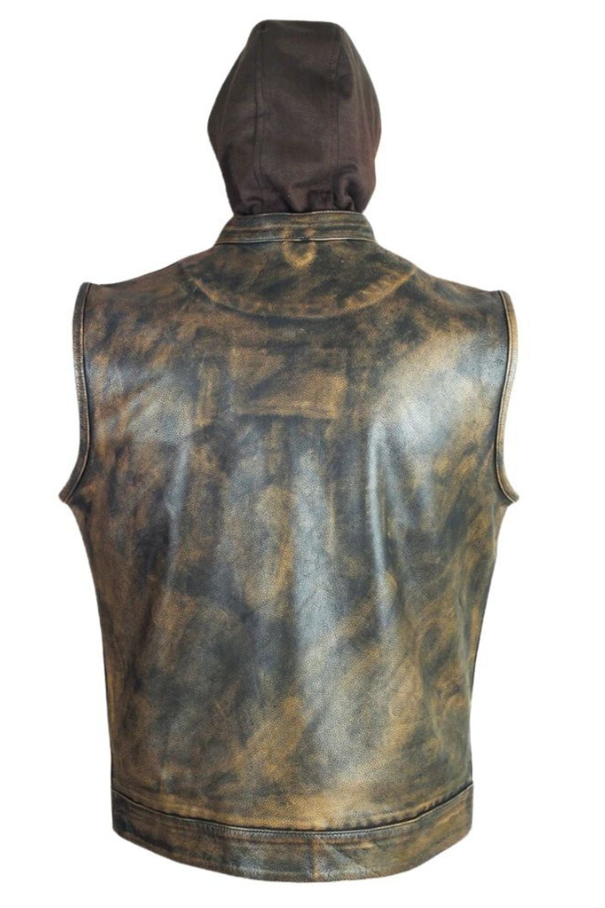 Brown leather vest with hood on a white background