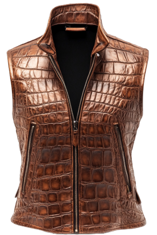 Brown leather vest with crocodile pattern 