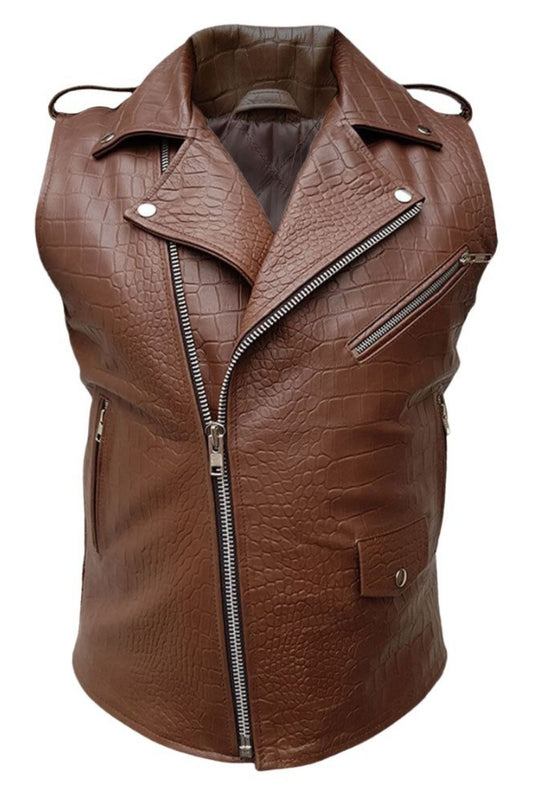 Brown leather vest with zippers on a white background