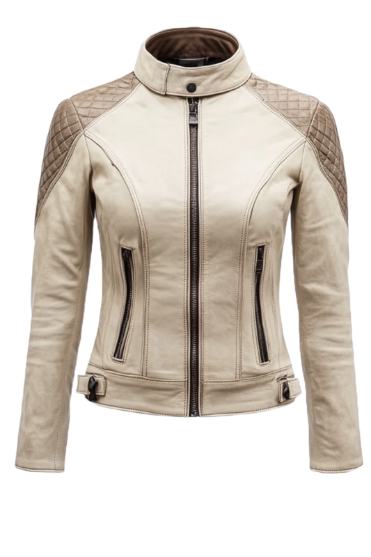 Beige leather jacket with quilted shoulder panels 