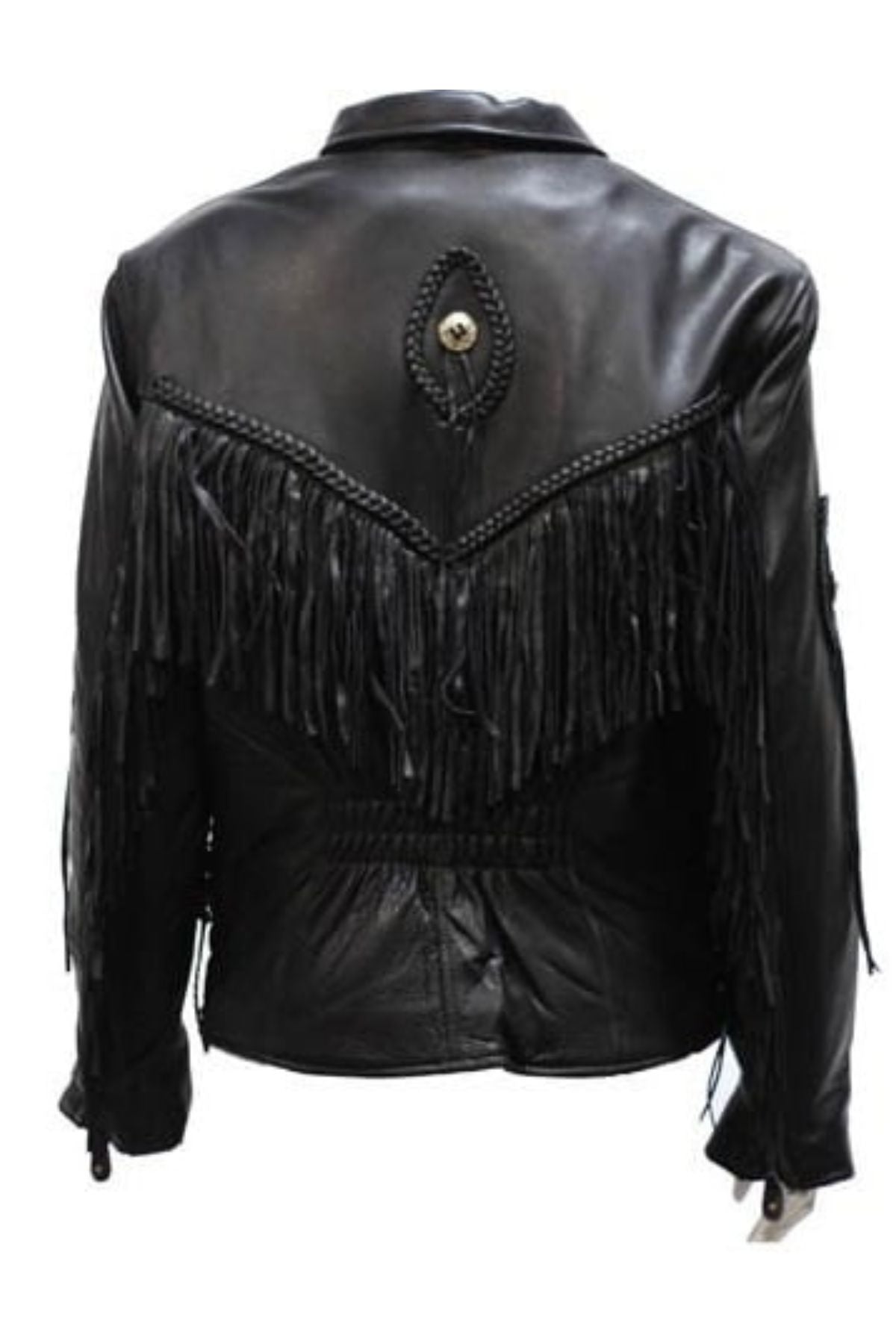 Black leather jacket with fringe details 